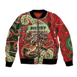 Aboriginal Christmas Bomber Jacket Santa Riding Leaping Kangaroo Dot Pattern