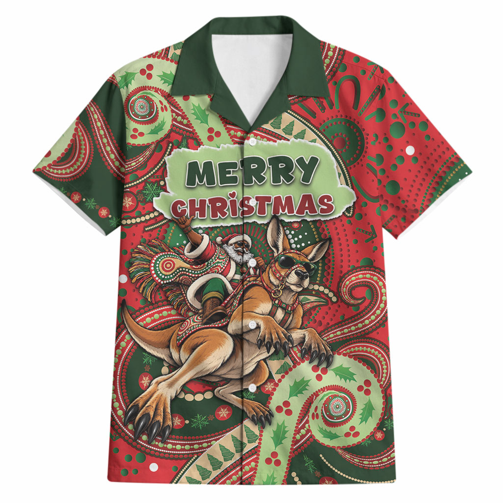 Aboriginal Christmas Hawaiian Shirt Santa Riding Leaping Kangaroo Dot Pattern