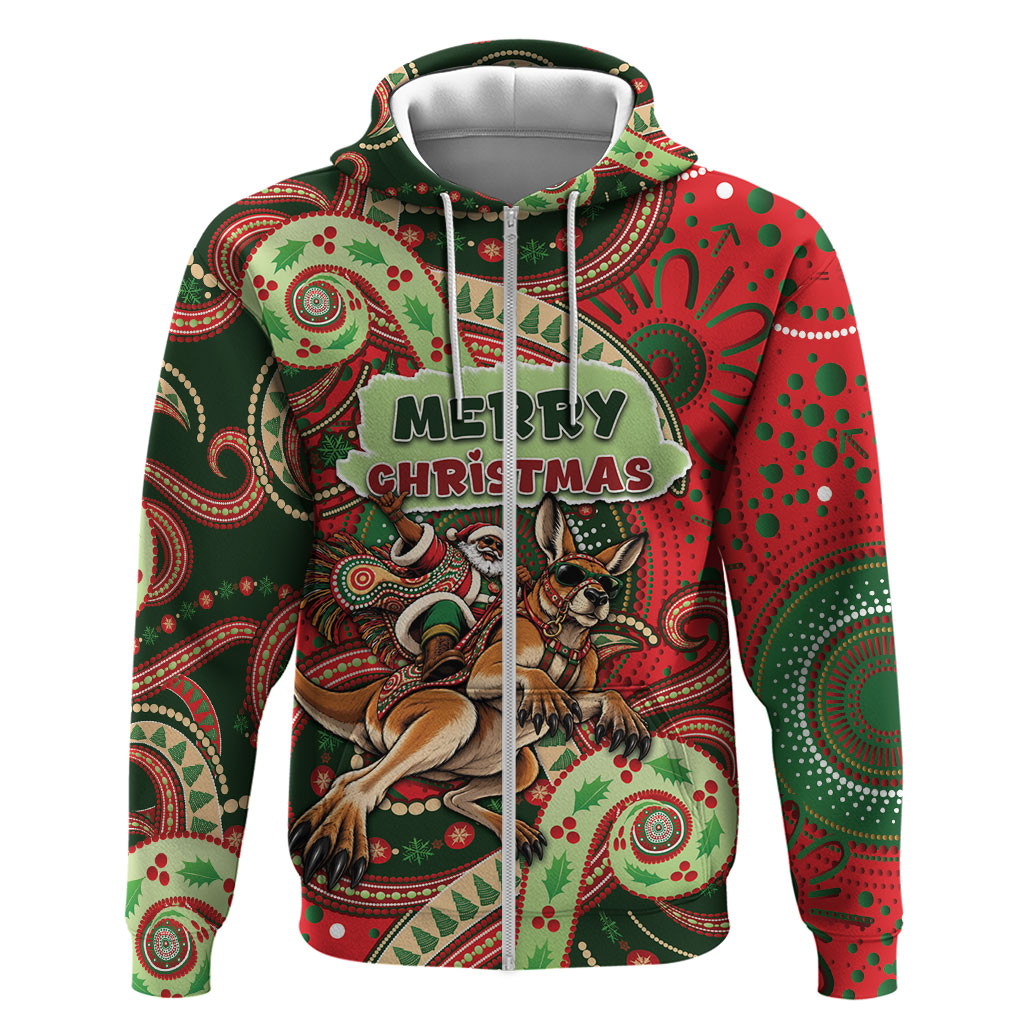 Aboriginal Christmas Zip Hoodie Santa Riding Leaping Kangaroo Dot Pattern