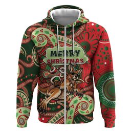 Aboriginal Christmas Zip Hoodie Santa Riding Leaping Kangaroo Dot Pattern