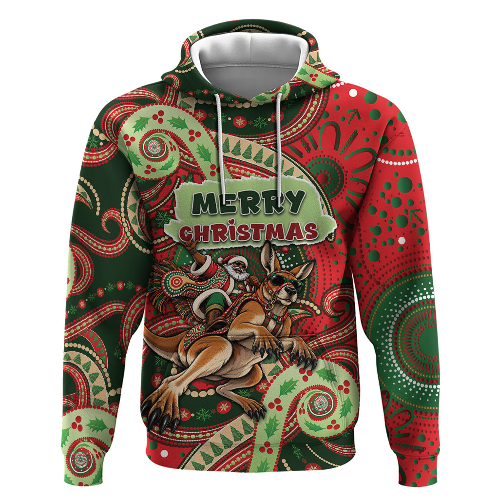 Aboriginal Christmas Hoodie Santa Riding Leaping Kangaroo Dot Pattern