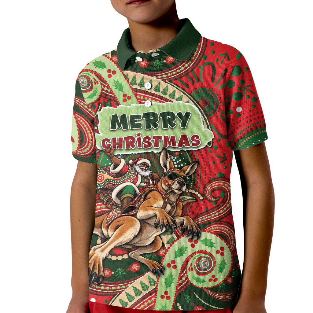 Aboriginal Christmas Kid Polo Shirt Santa Riding Leaping Kangaroo Dot Pattern