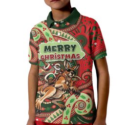 Aboriginal Christmas Kid Polo Shirt Santa Riding Leaping Kangaroo Dot Pattern