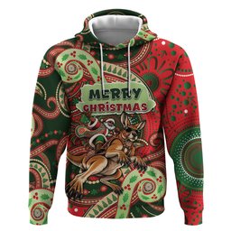 Aboriginal Christmas Zip Hoodie Santa Riding Leaping Kangaroo Dot Pattern