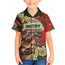 Aboriginal Christmas Hawaiian Shirt Santa Riding Leaping Kangaroo Dot Pattern