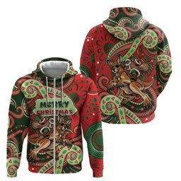 Aboriginal Christmas Zip Hoodie Santa Riding Leaping Kangaroo Dot Pattern