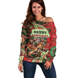 Aboriginal Christmas Off Shoulder Sweater Santa Riding Leaping Kangaroo Dot Pattern