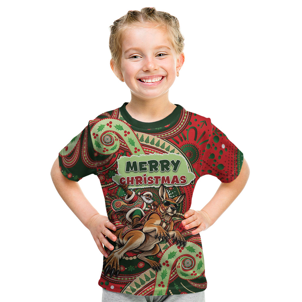 Aboriginal Christmas Kid T Shirt Santa Riding Leaping Kangaroo Dot Pattern