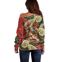 Aboriginal Christmas Off Shoulder Sweater Santa Riding Leaping Kangaroo Dot Pattern
