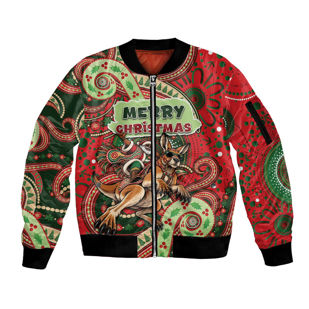 Aboriginal Christmas Sleeve Zip Bomber Jacket Santa Riding Leaping Kangaroo Dot Pattern