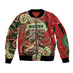 Aboriginal Christmas Sleeve Zip Bomber Jacket Santa Riding Leaping Kangaroo Dot Pattern
