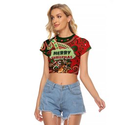 Aboriginal Christmas Raglan Cropped T Shirt Santa Riding Leaping Kangaroo Dot Pattern
