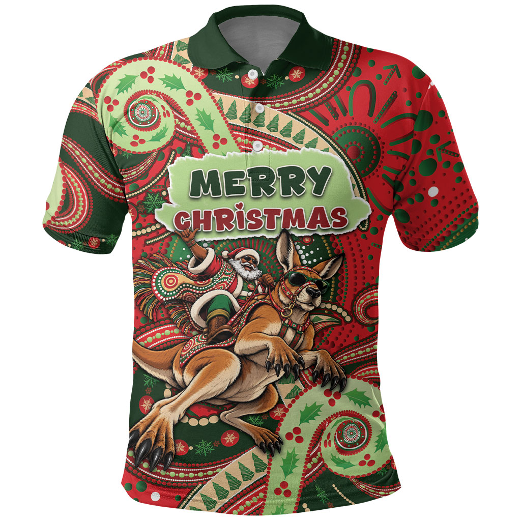 Aboriginal Christmas Polo Shirt Santa Riding Leaping Kangaroo Dot Pattern