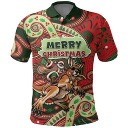 Aboriginal Christmas Polo Shirt Santa Riding Leaping Kangaroo Dot Pattern