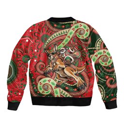 Aboriginal Christmas Sleeve Zip Bomber Jacket Santa Riding Leaping Kangaroo Dot Pattern