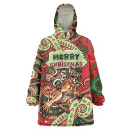 Aboriginal Christmas Wearable Blanket Hoodie Santa Riding Leaping Kangaroo Dot Pattern