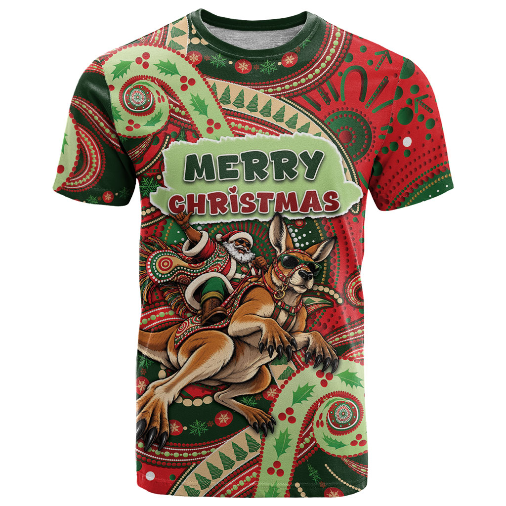 Aboriginal Christmas T Shirt Santa Riding Leaping Kangaroo Dot Pattern