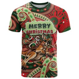 Aboriginal Christmas T Shirt Santa Riding Leaping Kangaroo Dot Pattern