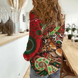 Aboriginal Christmas Women Casual Shirt Santa Riding Leaping Kangaroo Dot Pattern
