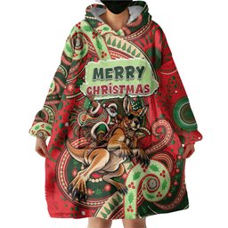 Aboriginal Christmas Wearable Blanket Hoodie Santa Riding Leaping Kangaroo Dot Pattern