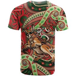 Aboriginal Christmas T Shirt Santa Riding Leaping Kangaroo Dot Pattern