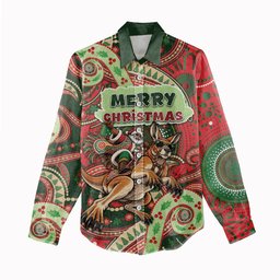 Aboriginal Christmas Women Casual Shirt Santa Riding Leaping Kangaroo Dot Pattern