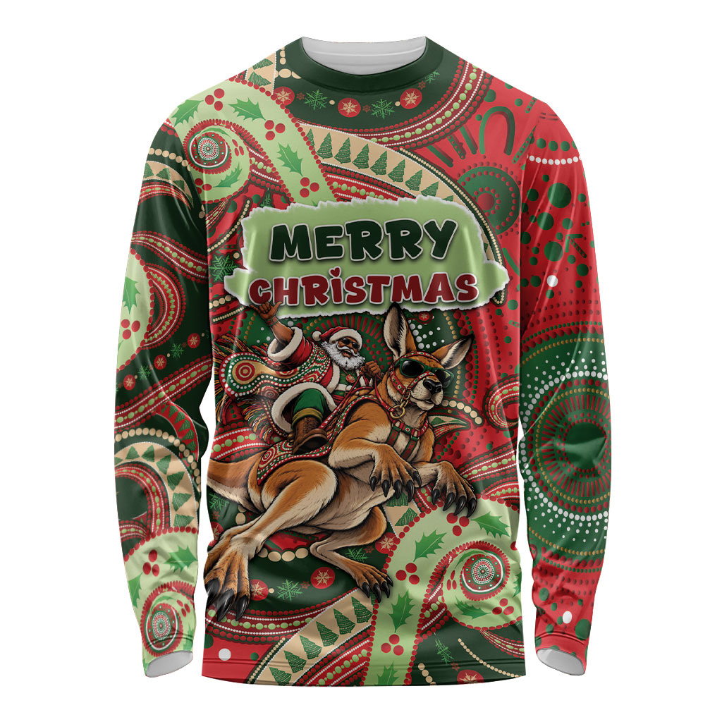 Aboriginal Christmas Long Sleeve Shirt Santa Riding Leaping Kangaroo Dot Pattern