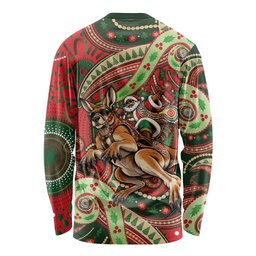 Aboriginal Christmas Long Sleeve Shirt Santa Riding Leaping Kangaroo Dot Pattern