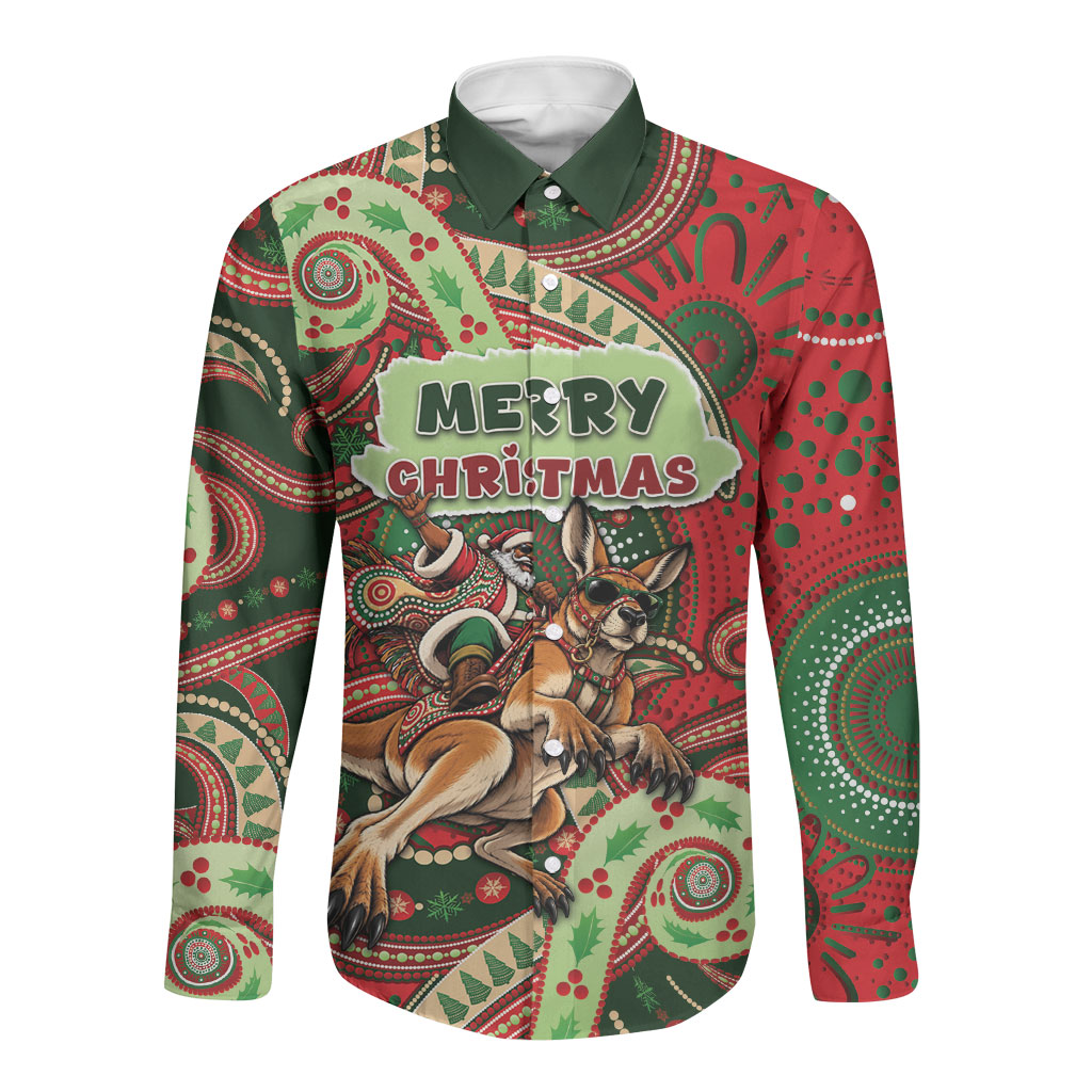 Aboriginal Christmas Long Sleeve Button Shirt Santa Riding Leaping Kangaroo Dot Pattern