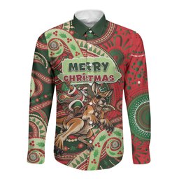 Aboriginal Christmas Long Sleeve Button Shirt Santa Riding Leaping Kangaroo Dot Pattern