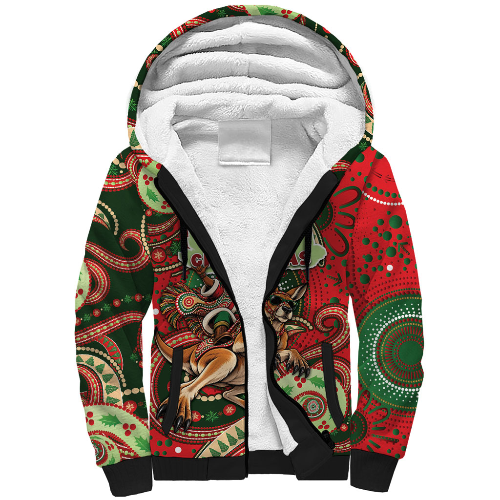 Aboriginal Christmas Sherpa Hoodie Santa Riding Leaping Kangaroo Dot Pattern