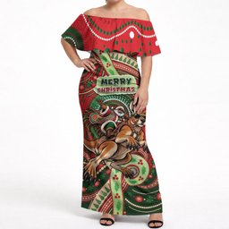Aboriginal Christmas Off Shoulder Maxi Dress Santa Riding Leaping Kangaroo Dot Pattern