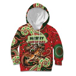 Aboriginal Christmas Kid Hoodie Santa Riding Leaping Kangaroo Dot Pattern