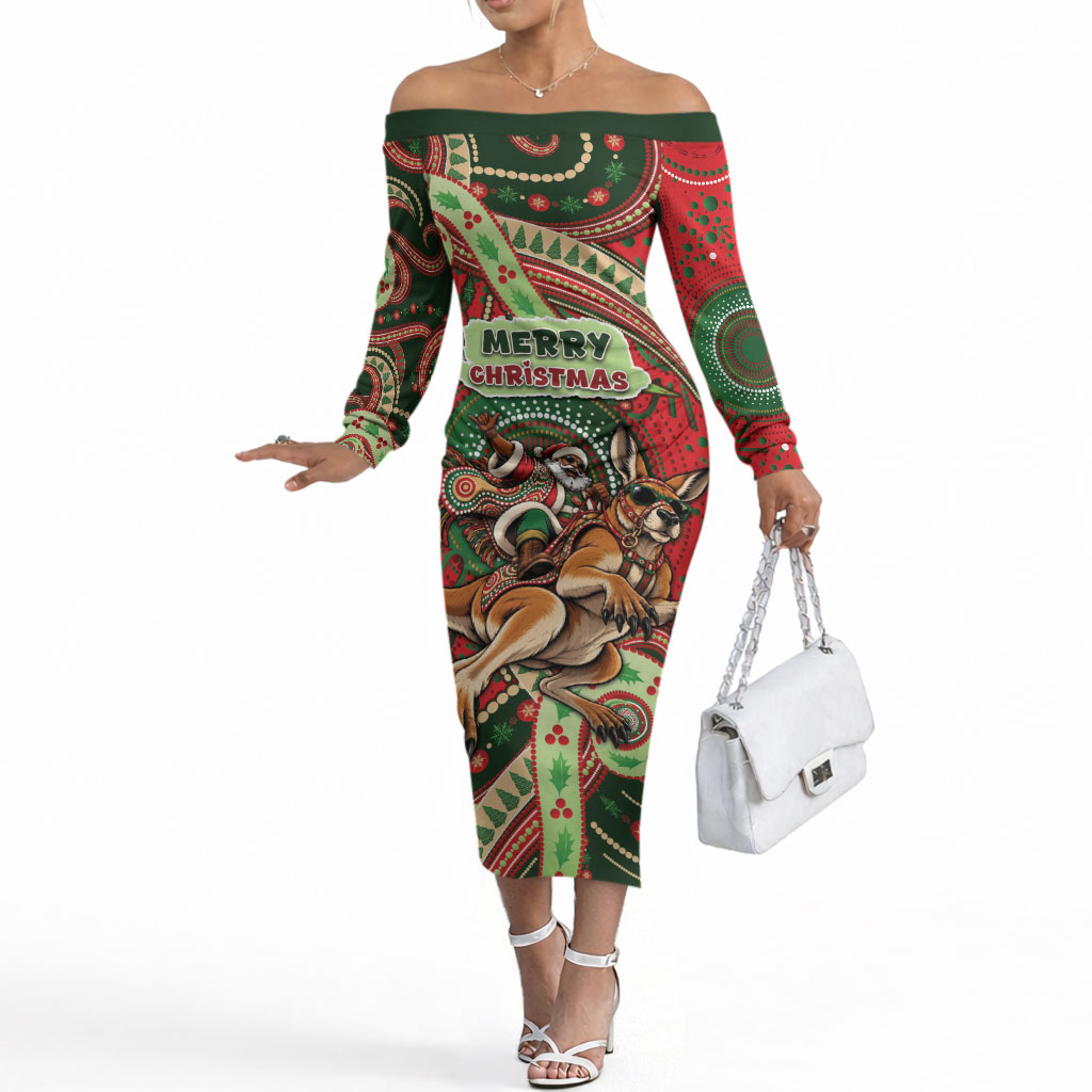 Aboriginal Christmas Off The Shoulder Long Sleeve Dress Santa Riding Leaping Kangaroo Dot Pattern