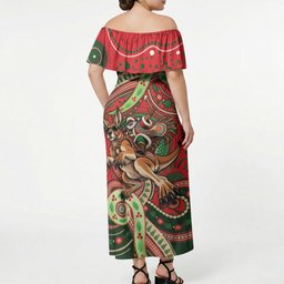 Aboriginal Christmas Off Shoulder Maxi Dress Santa Riding Leaping Kangaroo Dot Pattern