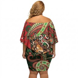 Aboriginal Christmas Off Shoulder Short Dress Santa Riding Leaping Kangaroo Dot Pattern