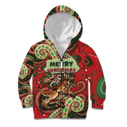 Aboriginal Christmas Kid Hoodie Santa Riding Leaping Kangaroo Dot Pattern