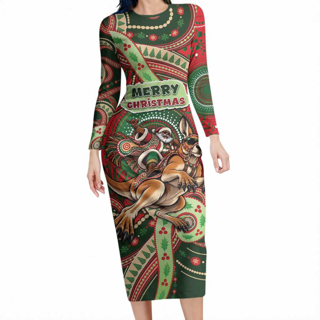 Aboriginal Christmas Long Sleeve Bodycon Dress Santa Riding Leaping Kangaroo Dot Pattern