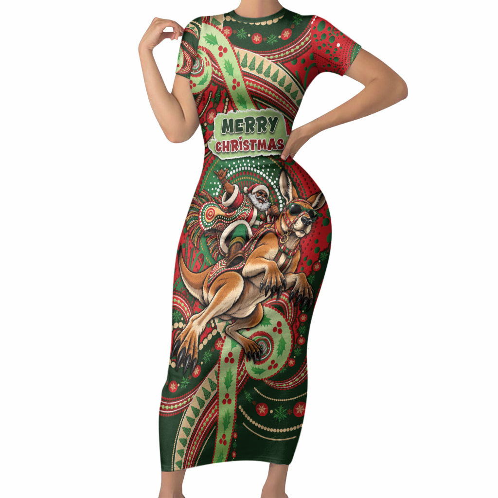 Aboriginal Christmas Short Sleeve Bodycon Dress Santa Riding Leaping Kangaroo Dot Pattern