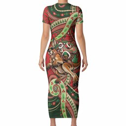 Aboriginal Christmas Short Sleeve Bodycon Dress Santa Riding Leaping Kangaroo Dot Pattern