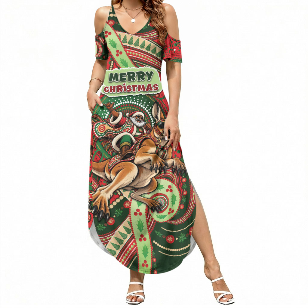 Aboriginal Christmas Summer Maxi Dress Santa Riding Leaping Kangaroo Dot Pattern