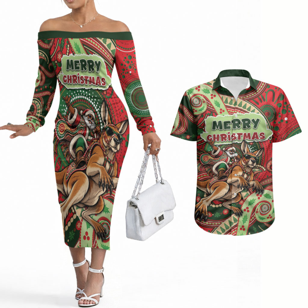 Aboriginal Christmas Couples Matching Off The Shoulder Long Sleeve Dress and Hawaiian Shirt Santa Riding Leaping Kangaroo Dot Pattern