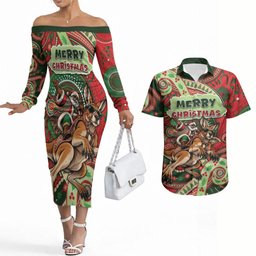 Aboriginal Christmas Couples Matching Off The Shoulder Long Sleeve Dress and Hawaiian Shirt Santa Riding Leaping Kangaroo Dot Pattern