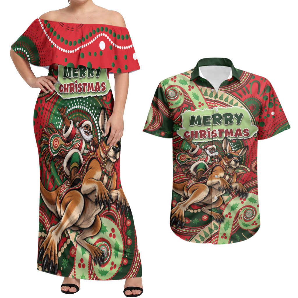 Aboriginal Christmas Couples Matching Off Shoulder Maxi Dress and Hawaiian Shirt Santa Riding Leaping Kangaroo Dot Pattern