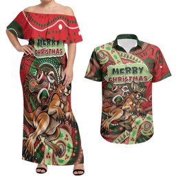 Aboriginal Christmas Couples Matching Off Shoulder Maxi Dress and Hawaiian Shirt Santa Riding Leaping Kangaroo Dot Pattern