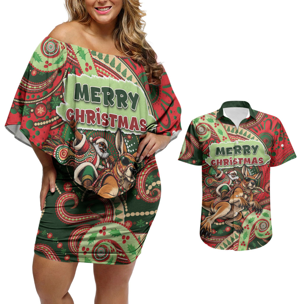 Aboriginal Christmas Couples Matching Off Shoulder Short Dress and Hawaiian Shirt Santa Riding Leaping Kangaroo Dot Pattern