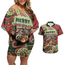 Aboriginal Christmas Couples Matching Off Shoulder Short Dress and Hawaiian Shirt Santa Riding Leaping Kangaroo Dot Pattern