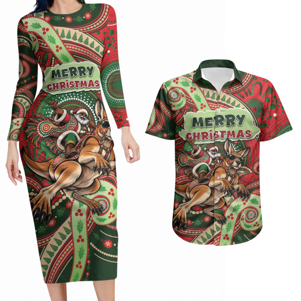 Aboriginal Christmas Couples Matching Long Sleeve Bodycon Dress and Hawaiian Shirt Santa Riding Leaping Kangaroo Dot Pattern