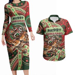 Aboriginal Christmas Couples Matching Long Sleeve Bodycon Dress and Hawaiian Shirt Santa Riding Leaping Kangaroo Dot Pattern