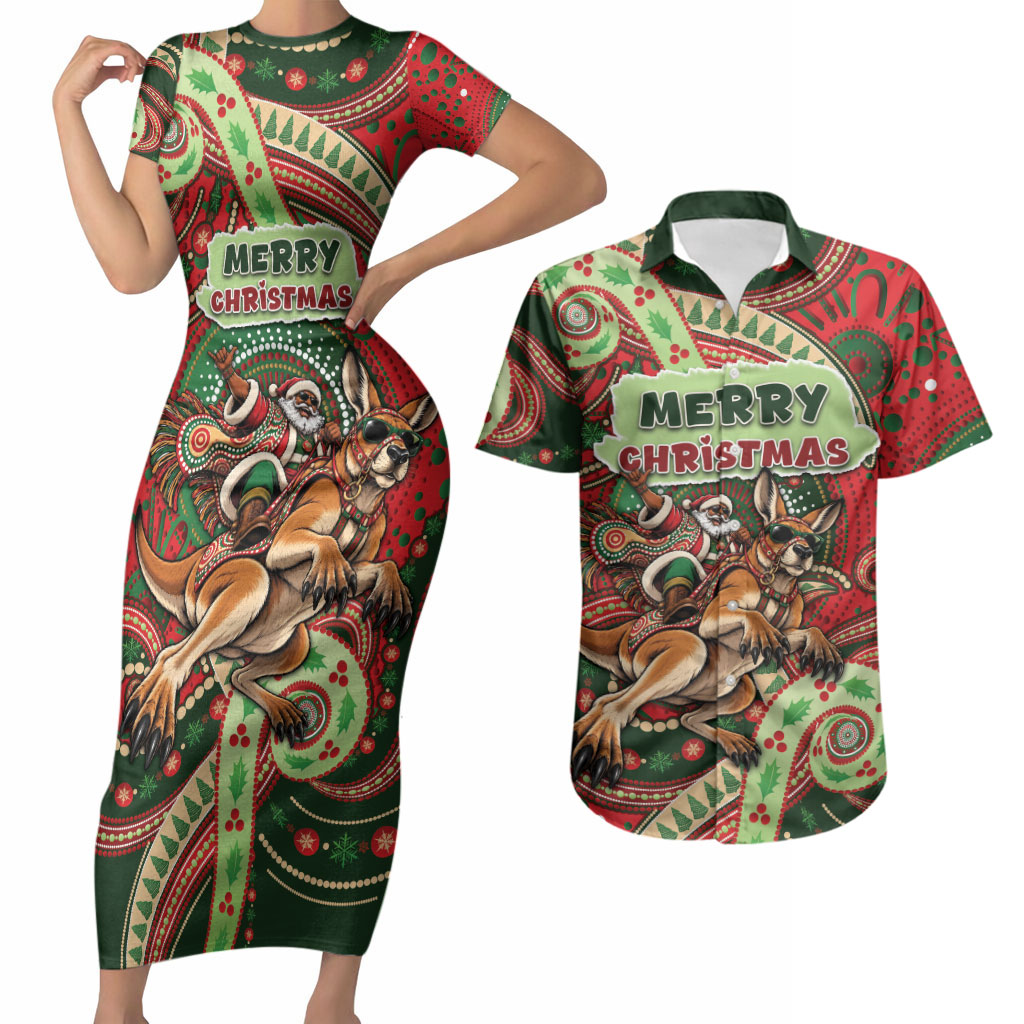 Aboriginal Christmas Couples Matching Short Sleeve Bodycon Dress and Hawaiian Shirt Santa Riding Leaping Kangaroo Dot Pattern